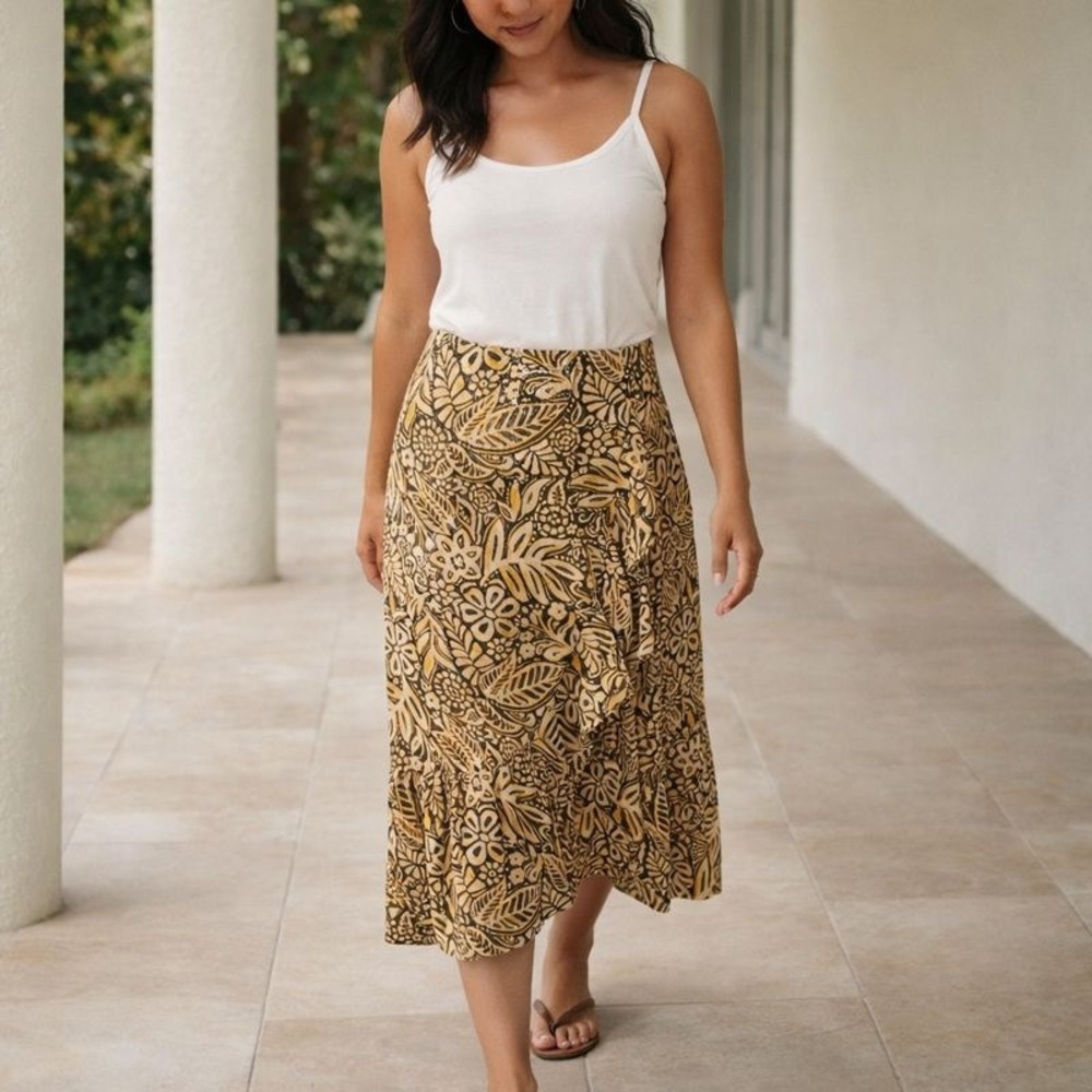 Cato Ruffle Faux Wrap Skirt Size Small Green Yellow Island Luau Moana Beachy